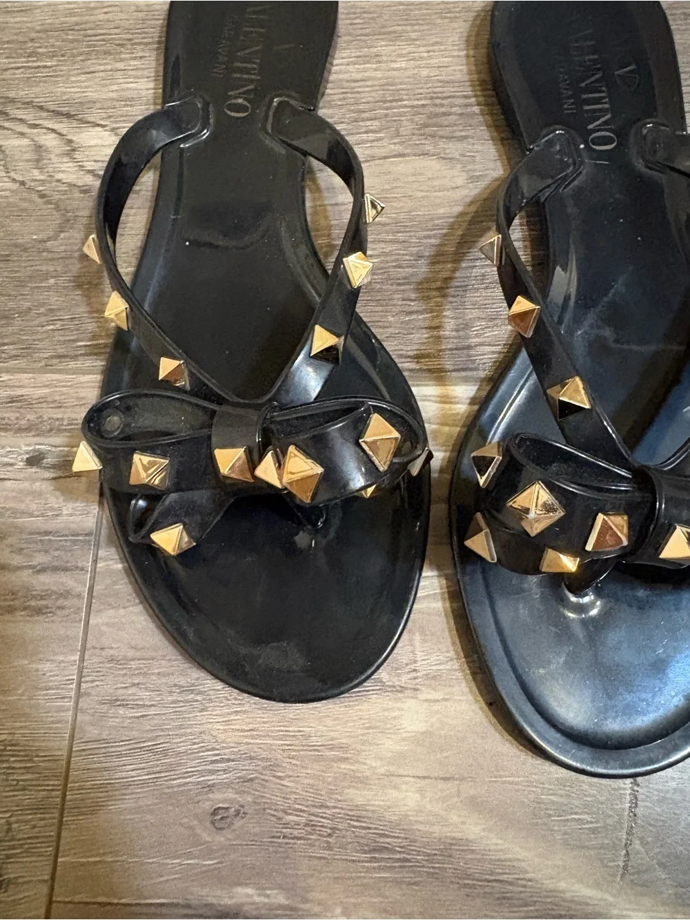 Valentino Black Bow Sandals with Gold Rockstuds